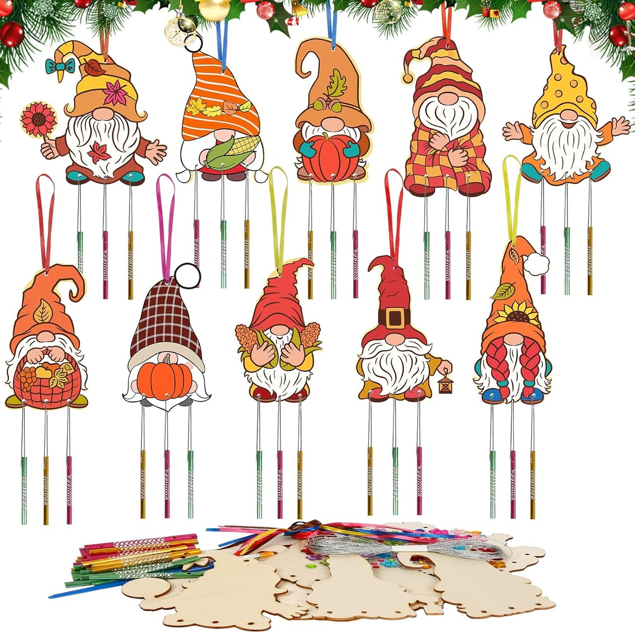 10 Pack Fall Crafts for Kids, DIY Fall Gnome Wind Chime Kit Unfinished